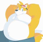  2015 anthro belly biped black_nose bottomwear canid canine clothing fox greenendorf male mammal miles_prower pants sega simple_background sitting solo sonic_the_hedgehog_(series) white_background white_body 