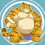  2008 anthro asian_clothing belly biped blue_clothing blue_fundoshi blue_underwear clothing east_asian_clothing felid fundoshi greenendorf humanoid_hands japanese_clothing male mammal moobs overweight overweight_male pantherine pink_nose solo tiger underwear 