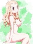  1girl blonde_hair blush breasts closed_mouth commentary completely_nude drill_hair girls_und_panzer gogopaint green_background green_eyes highres long_hair marie_(girls_und_panzer) medium_breasts no_nipples nude sitting smile solo 