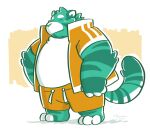  2013 anthro belly bottomwear clothing eyes_closed felid green_body green_nose greenendorf male mammal overweight overweight_male pantherine shirt shorts solo tiger topwear white_body 
