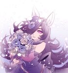  1girl 2022 animal_ears bouquet commentary_request dated detached_sleeves dress flower fur_scarf hair_flower hair_ornament hair_over_one_eye highres hisahiko holding holding_bouquet horse_ears horse_girl long_hair looking_at_viewer open_mouth petals purple_eyes purple_hair rice_shower_(umamusume) rose signature smile solo strapless strapless_dress umamusume upper_body 