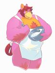  2015 anthro apron avian biped clothing cooking greenendorf hi_res humanoid_hands male musclegut pink_body simple_background solo white_background 