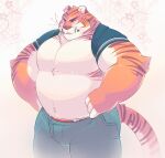  2015 anthro belly biped bottomwear clothing felid greenendorf hi_res humanoid_hands male mammal musclegut overweight overweight_male pantherine pants solo tiger 