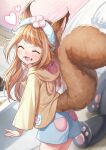  1girl :d ^_^ absurdres animal_ear_fluff animal_ears animal_hood bangs bed blue_shorts blurry blurry_background blush brown_hair brown_hoodie bunny_hood closed_eyes commentary_request depth_of_field eyebrows_visible_through_hair facing_viewer fake_animal_ears flower food food_on_face food_on_hand fork frilled_pillow frills from_behind hanasaki_mahiru hand_up heart highres hood hood_down hoodie indie_virtual_youtuber indoors pillow pink_flower rabbit_ears short_shorts shorts smile solo standing table tail virtual_youtuber yusa_suku 