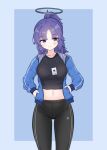  1girl alternate_hairstyle black_shirt blue_archive blue_jacket breasts collarbone crop_top gym_uniform halo hands_in_pockets highres hrna id_card jacket long_hair medium_breasts midriff navel pants ponytail purple_eyes purple_hair shirt sidelocks simple_background smile star_(symbol) star_sticker track_jacket unzipped yoga_pants yuuka_(blue_archive) 