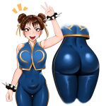  1girl absurdres ass bare_shoulders blush bodysuit bracelet breasts brown_eyes brown_hair chun-li double_bun from_behind hair_ribbon highres jewelry kevbot looking_at_viewer multiple_views open_mouth ribbon shiny shiny_clothes shiny_hair shiny_skin short_hair skin_tight smile solo spiked_bracelet spikes street_fighter street_fighter_zero_(series) vest 