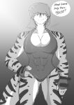  abs absurd_res anthro carrus clothing dialogue english_text female fish gloves hand_on_hip handwear hi_res looking_at_viewer looking_down marine muscular muscular_anthro muscular_female one-piece_swimsuit requiem_shark shark smile smiling_at_viewer solo speech_bubble stripes swimwear text tiger_shark 