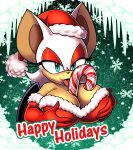 absurd_res anthro armwear between_breasts breasts candy candy_cane chiropteran christmas christmas_clothing christmas_headwear clothing dessert elbow_gloves female food gloves handwear hat headgear headwear hi_res holding_breast holidays icicle licking looking_at_viewer mammal omegasunburst rouge_the_bat santa_hat sega snowflake solo sonic_the_hedgehog_(series) tongue tongue_out wings 