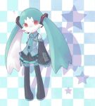  2008 ? anthro bottomwear checkered_background clothed clothing cosplay crossdressing domestic_cat felid feline felis hatsune_miku king_of_sorrow klonoa_(series) long_ears low_res mammal miniskirt necktie pattern_background red_eyes rito_(artist) simple_background skirt solo star video_games vocaloid 