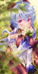  1girl absurdres ahoge bangs bare_shoulders bell blue_gloves blue_hair blush bow breasts covering_mouth detached_sleeves eyebrows_visible_through_hair flower ganyu_(genshin_impact) genshin_impact gloves grass highres holding holding_flower horns long_hair looking_at_viewer medium_breasts neck_bell purple_eyes qingxin_flower sidelocks sitting solo wariza white_flower white_sleeves yu_lei 