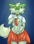  alien713 anthro anthrofied biped breasts clothed clothing clothing_lift felid feline female fur green_body green_fur hi_res mammal necktie nintendo nipples pok&eacute;mon shirt shirt_lift solo sprigatito topwear uniform video_games 