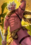  1boy abs armband armpits bara beard bulge colored_skin facial_hair fangs highres horns large_pectorals legband legs loincloth looking_at_viewer male_focus mature_male muscular muscular_male navel nipples oni original pectorals pointy_ears red_skin scar scar_on_face scarf solo spiked_hair thick_thighs thighs veins waku_(ayamix) white_hair 
