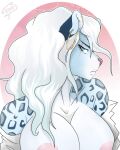  anthro big_breasts blue_body blue_eyes blue_fur breasts ear_piercing eye_scar facial_scar felid female fur hi_res mammal pantherine piercing scar snow_leopard solo unknown_species white_body white_fur zeraphina 