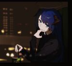  1girl arknights black_shirt blue_eyes blue_hair blurry blurry_background coffee_cup cup dark_halo demon_horns disposable_cup earbuds earphones eyebrows_visible_through_hair highres holding holding_spoon horns karasuri letterboxed long_hair long_sleeves mask_pull mostima_(arknights) shirt sitting solo spoon stirring 
