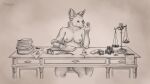  anthro balance baron03_(artist) book breasts candle canid canine chair coin counting currency desk female fennec fingers fire fox furniture humaniod_hands ink mammal nipples nude paperwork scales sitting solo spread_legs spreading table weighing writting 