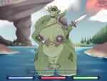  2022 absurd_res anthro argonian armor bethesda_softworks big_breasts breasts conditional_dnp dagger deeja dialogue digital_media_(artwork) english_text female genitals green_body hi_res horn inkplasm looking_at_viewer melee_weapon non-mammal_breasts pussy scales scalie skimpy_armor skyrim slightly_chubby solo text the_elder_scrolls thick_thighs video_games weapon wide_hips 