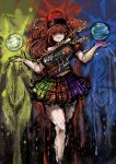  1girl 2b-ge black_shirt chain earth_(ornament) gold_chain hecatia_lapislazuli highres moon_(ornament) multicolored_clothes multicolored_skirt off-shoulder_shirt off_shoulder plaid plaid_skirt polos_crown red_eyes red_hair shirt skirt solo t-shirt touhou 