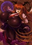  1girl 2b-ge :d \||/ bat_wings black_vest breasts bursting_breasts demon_tail energy_ball fang gigantic_breasts head_wings highres juliet_sleeves koakuma long_hair long_sleeves looking_at_viewer necktie open_mouth outstretched_arm petticoat puffy_sleeves red_eyes red_hair red_necktie smile solo tail touhou v-shaped_eyebrows very_long_hair vest wing_collar wings 