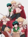  2boys abs athena_av bakugou_katsuki belt black_pants blonde_hair blood blood_on_clothes boku_no_hero_academia brown_belt cape commentary dragon earrings english_commentary freckles fur-trimmed_cape fur_trim gloves green_eyes green_hair green_vest grey_gloves highres holding holding_map holding_sword holding_weapon instagram_logo instagram_username jewelry knee_pads long_sleeves looking_down lower_teeth male_focus map midoriya_izuku multiple_boys navel necklace official_alternate_costume open_mouth pants pointing red_cape red_eyes riding saddle scratches shirt short_hair shoulder_tattoo simple_background spiked_hair sword tattoo teeth toned toned_male topless_male torn_clothes torn_shirt torn_sleeves twitter_logo twitter_username upper_teeth vest weapon white_background white_shirt 