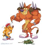  activision anthro balls bandicoot clothing crash_bandicoot crash_bandicoot_(series) dasyuromorph duo footwear foxbtails genitals hi_res humanoid_genitalia humanoid_penis larger_male male male/male mammal marsupial muscular penis shoes simple_background size_difference smaller_male thylacine tiny_tiger undressing video_games white_background 