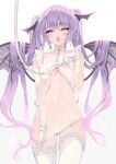  1girl :o absurdres bra bra_lift character_request copyright_request cowboy_shot demon_wings fang frilled_bra frills gloves harness highres leash looking_at_viewer midriff navel panties panty_pull paryi purple_hair simple_background skin_fang solo twintails underwear white_bra white_gloves white_panties wings 