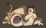  after_vore anthro anthro_prey avian beak belly big_belly cleaning cogo diego_(thatgryphonguy) duo feral feral_pred gryphon gryphon_pred hi_res hindpaw internal lying male male_pred male_prey mythological_avian mythology on_side paws simple_background thatgryphonguy vore 