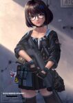  1girl assault_rifle bangs black_gloves brown_eyes brown_hair bullpup choker emblem english_text fingerless_gloves flashbang girls&#039;_frontline glasses gloves gun hair_ornament highres holding looking_at_viewer necktie okita realistic rifle sar-21 sar-21_(girls&#039;_frontline) short_hair singapore skirt solo thighhighs weapon 