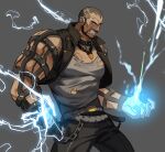  1boy angry bara beard belt biceps blue_eyes brk_603 ear_piercing earrings facial_hair gauntlets gloves highres jewelry large_pectorals male_focus mature_male muscular muscular_male original pants pectoral_cleavage pectorals piercing sideburns thunder tight torn_clothes veins 