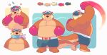  2015 anthro biped bottomwear brown_body clothing eating eyes_closed greenendorf hi_res lutrine male mammal musclegut mustelid overweight overweight_male shorts solo 