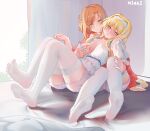  2girls alice_zuberg asuna_(sao) bed blanket blonde_hair blue_eyes braid braided_ponytail breast_grab brown_eyes brown_hair feet full_body grabbing hair_intakes hairband highres long_hair lying multiple_girls nail nightgown ninai no_shoes open_mouth pajamas ponytail sleepwear smile soles sword_art_online sword_art_online:_alicization thighhighs toes underwear white_hairband white_legwear yuri 