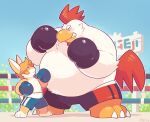  2016 anthro avian belly biped bird bottomwear boxing chicken clothing duo galliform gallus_(genus) greenendorf lagomorph leporid male mammal outside overweight overweight_male phasianid rabbit shorts size_difference sport white_body 