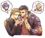  2boys bara black_hair blonde_hair character_request commentary_request facial_hair final_fantasy final_fantasy_xv gladiolus_amicitia glasses jacket male_focus mature_male multiple_boys muscular muscular_male scar scar_on_face shiba156_ff14 smile spiked_hair tattoo 