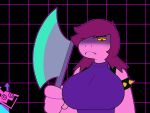  anthro axe big_breasts breasts deltarune disturbed female hair hi_res melee_weapon one_eye_obstructed pink_body purple_hair reptile scalie simple_background skel solo susie_(deltarune) turtleneck undertale_(series) upper_body video_games weapon 