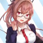  1girl absurdres azur_lane blue_background blue_cardigan breasts brown_hair cardigan collared_shirt fangxingdeyinxue highres large_breasts light_blush long_hair necktie official_alternate_costume open_cardigan open_clothes open_mouth red_eyes red_necktie school_uniform semi-rimless_eyewear shirt simple_background solo striped striped_background striped_necktie swiftsure_(azur_lane) swiftsure_(study_hall_cyclamen)_(azur_lane) under-rim_eyewear uniform upper_body white_background white_shirt wing_collar 