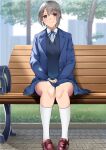  1girl blazer blue_jacket brick_floor eyebrows_visible_through_hair full_body grey_hair idolmaster idolmaster_cinderella_girls jacket kaeru_(ka=l) kneehighs loafers looking_at_viewer neck_ribbon on_bench otokura_yuuki outdoors own_hands_together ribbon school_uniform shirt shoes short_hair sitting smile solo tree vest white_shirt 