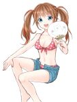  1girl :d ame8desu bare_arms bare_legs bare_shoulders bear blue_shorts breasts brown_hair cleavage collarbone commentary denim denim_shorts eyebrows_visible_through_hair feet_out_of_frame full_body green_eyes hand_fan looking_at_viewer medium_breasts navel open_clothes open_mouth open_shorts original petite polar_bear polka_dot shorts simple_background sitting smile teeth twintails upper_teeth white_background 
