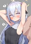  1boy 1girl ? armpits arms_up azusa_(blue_archive) bangs bare_arms bare_shoulders blue_archive blush breasts commentary_request hair_ornament halo hetero licking licking_armpit long_hair looking_at_viewer pink_eyes silver_hair sleeveless small_breasts sweat tongue tongue_out ushimittsu 
