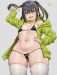  1girl ass_visible_through_thighs bangs bikini black_bikini black_hair blush breasts brown_eyes cowboy_shot eyebrows_visible_through_hair from_below green_hair green_jacket grey_background hand_on_hip highres jacket large_breasts long_hair long_sleeves looking_at_viewer micro_bikini multicolored_hair navel oekakizuki open_mouth original simple_background small_breasts smile solo swimsuit thighhighs thighs two_side_up white_legwear 