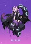  1girl absurdres armored_boots boots breasts creature english_text extra_mouth fangs fantasy gradient gradient_background highleg highleg_leotard highres knee_boots leotard open_mouth original pink_hair purple_eyes purple_legwear shio_(oxstl) sidelocks sitting small_breasts solo tentacle_hair tentacles thigh_strap thighhighs tongue tongue_out 