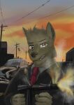  1950s anthro brown_body brown_eyes brown_fur canid canine canis car domestic_dog firing_weapon fur german_shepherd gun herding_dog hi_res holding_object holding_weapon mafia male mammal pastoral_dog police_car ranged_weapon solo submachine_gun vehicle weapon wolfyalex96_(artist) 