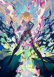  1boy abstract_background blonde_hair blue_pupils colorful frilled_sleeves frills hair_between_eyes highres lio_fotia lomizuki lower_teeth male_focus multicolored_background open_mouth pink_eyes promare solo standing teeth tongue 