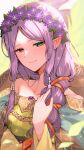 1girl bangs bare_shoulders collarbone dress eyebrows_visible_through_hair fire_emblem fire_emblem:_the_binding_blade fire_emblem_heroes flower green_eyes hair_flower hair_ornament heterochromia highres idunn_(fire_emblem) long_hair looking_at_viewer nakabayashi_zun off-shoulder_dress off_shoulder official_alternate_costume parted_bangs pointy_ears purple_hair red_eyes smile solo tied_hair 