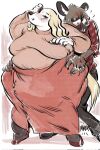  2021 aggressive_retsuko anthro blush bodily_fluids breasts canid canine canis clothed clothing colored colored_nails domestic_dog female haida hand_on_breast hand_on_hip hi_res hyaenid inui_(aggressive_retsuko) looking_back male male/female mammal mk_artichoke nails obese overweight sanrio simple_background size_difference sweat 