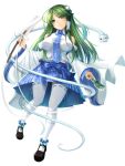  1girl absurdres bare_shoulders between_fingers blue_bow blue_necktie blue_skirt bow breasts full_body gohei green_eyes green_hair green_nails highres holding holding_stick kochiya_sanae large_breasts long_hair looking_to_the_side midriff_peek nail_polish necktie seiya_(iiseven) shirt simple_background skirt solo stick thighhighs touhou very_long_hair white_background white_legwear white_shirt wing_collar 