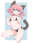  1girl animal_ears barefoot bikini black_bikini blue_background blue_eyes breasts brown_hair cat_ears cat_girl cat_tail choker eyebrows_visible_through_hair fang feet groin highres kneeling navel one_knee open_mouth original ribbon short_hair side-tie_bikini simple_background small_breasts smile solo swimsuit tail thighs toes tomcat_(moconeko) two_side_up 