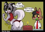  anthro birthday breasts cake candle canid canine canis clothed clothing dessert dialogue duo english_text female food hair male male/female mammal martini_gasu panties shirt text topwear underwear wolf 