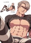  1boy abs bara bare_pectorals brown_shirt character_request clothes_lift highres jojo_no_kimyou_na_bouken large_pectorals male_focus mature_male multiple_views muscular muscular_male navel nipples ootkn_soo pectorals red_eyes shirt shirt_lift stomach translation_request underpec 