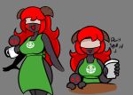  anthro apron black_body blindfold blood bodily_fluids clothing demon digital_drawing_(artwork) digital_media_(artwork) duo english_text female female/female hair horn lilith_(tboi) milk open_mouth red_hair rex_santos standing starbucks text the_binding_of_isaac_(series) video_games 