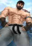  1boy abs armband bara beard belt crotch facial_hair forest from_below gauntlets hakama headband highres jang_ju_hyeon japanese_clothes large_pectorals looking_at_viewer male_focus manly mature_male muscular muscular_male nature nipples pectorals reward_available ryu_(street_fighter) scar scar_on_chest solo street_fighter thick_thighs thighs topless_male 