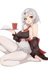  1girl apron bare_shoulders barefoot braid breasts collarbone cup detached_collar detached_sleeves disposable_cup food genshin_impact grey_hair hair_ornament hairclip highres holding holding_tray inniyik knee_up looking_at_viewer medium_breasts necktie no_shoes noelle_(genshin_impact) open_mouth red_necktie shirt short_hair short_necktie sitting solo strapless strapless_shirt tray white_legwear yellow_eyes 